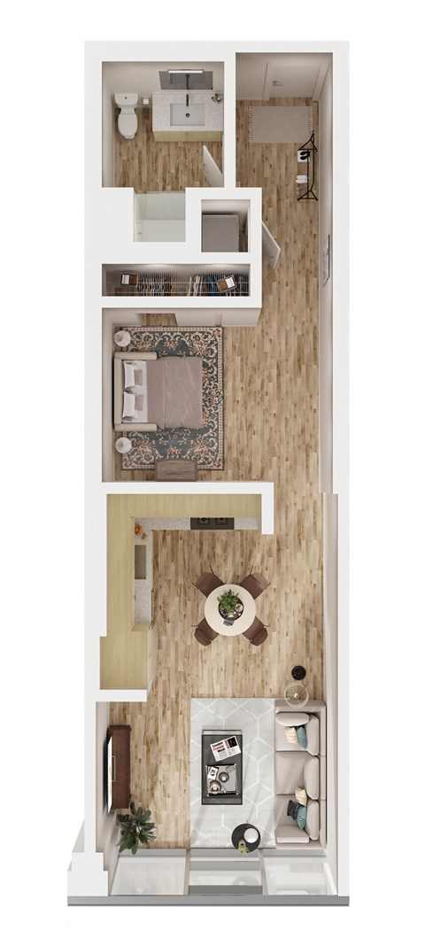 Floor plan for studio, 1 bath, 596 sqft